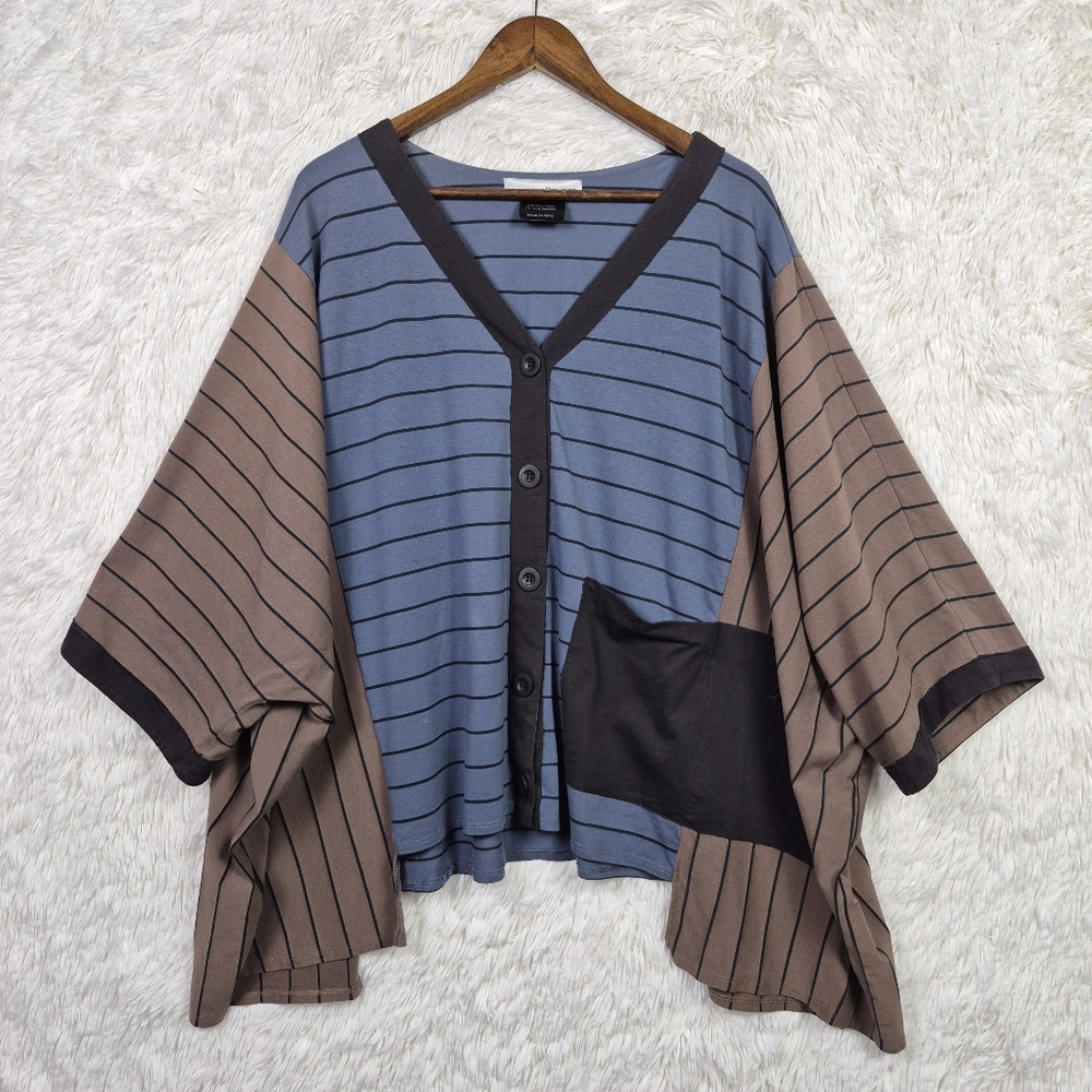 R. Browning Paneled Striped V Neck Pima‎ Cotton Jersey Top Lagenlook OS